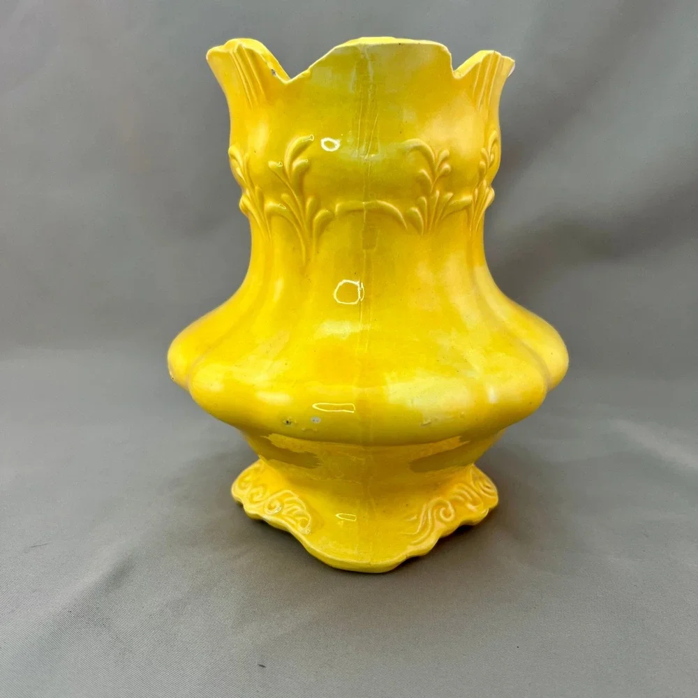 Ceramic Vase Yellow Fair Embossed Scalloped No. 62 Vintage See pics for flaws